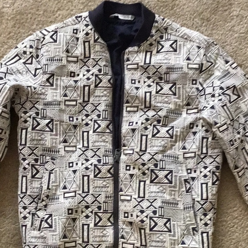 Zara Black and White Bomber Jacket with Geometric Pattern